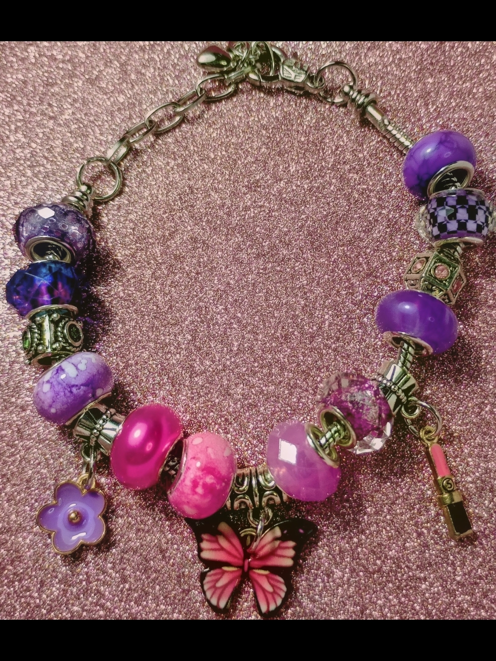 Pandora Style Purple & Pink Bead Charm Bracelet with Butterfly Accent